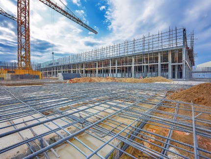 construction site with steel reinforcing in the front