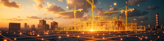 Futuristic golden cranes and buildings
