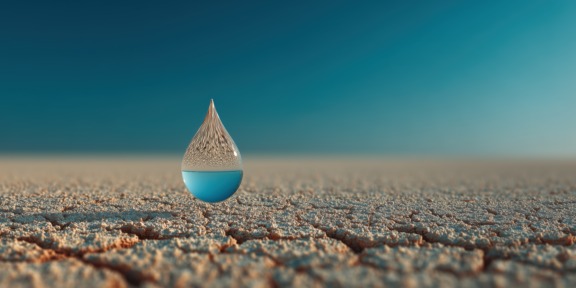 single water droplet on cracked dry soil, with blue sky background