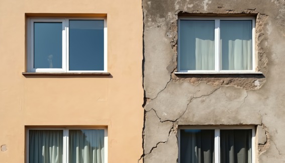 Facade renovation shows building transformation before after. Old building wall section with cracked damaged surface compares with restored, new part with windows.