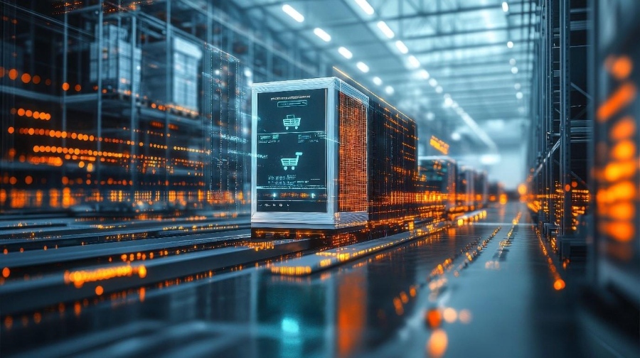 Kuva tulevaisuuden logistiikkakeskuksesta, jossa kaikki ovat toimii autonomisesti