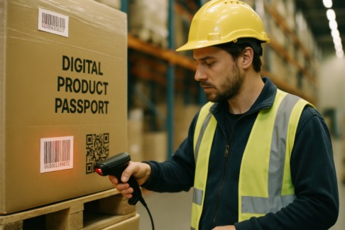 A warehouse worker scans a digital product passport barcode on a cardboard box for smart logistics and inventory tracking purposes.