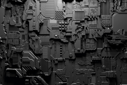 3d illustration of a realistic model of a robot or cyber armor. Close-up equipment for mining crypto-bitcoin; ether. Video cards; motherboards